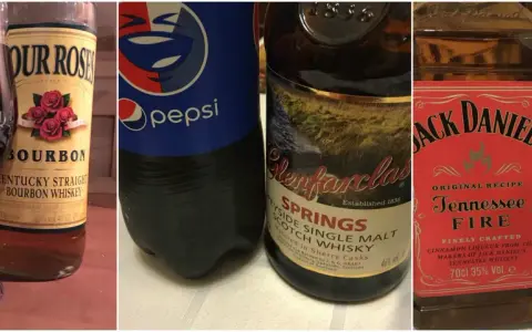 Whiskey z colą kontra Whiskey z ginger ale: Four Roses Bourbon, Glenfarclas Scotch, Jack Daniel's Tennessee Fire i napoje.