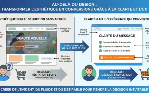 Comparaison de la structure d'une page web : esthétique seule vs clarté et UX pour la conversion.