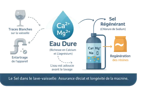 Schéma expliquant le rôle du sel régénérant dans un lave-vaisselle pour adoucir l'eau, éviter les traces et l'entartrage.