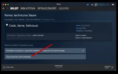 Interfejs Steam z opcją zwrotu pieniędzy za grę "Cook, Serve, Delicious!".