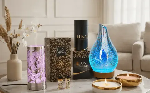 Ambiance relaxante avec diffuseur lumineux, bougies parfumées et huiles essentielles pour un **arôme intérieur** apaisant.