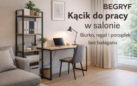 Kącik do pracy w salonie: biurko, regał i porządek bez bałaganu. Idealne miejsce do pracy i nauki.