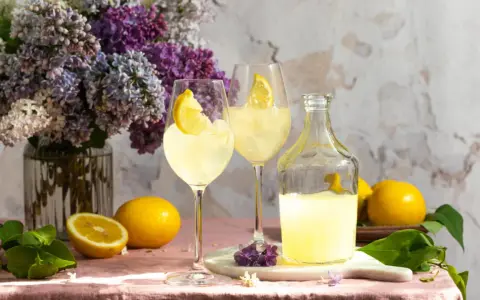 Erfrischender Limoncello mit frischen Zitronen, Eis und einem Hauch von Flieder. Die perfekten Zutaten für einen Sommerabend.