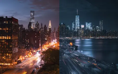 Dwa nocne widoki Nowego Jorku, po lewej z Chrysler Building, po prawej z One World Trade Center. Efekt denoise AI podkreśla blask świateł.