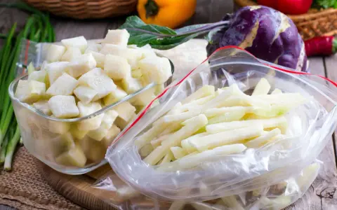 Kohlrabi einfrieren roh: gewürfelte und Stifte im Gefrierbeutel und Schüssel, bereit für die Lagerung.