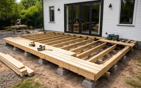 Grundstomme för altan byggs. Träbjälkar på betongplintar, redo att bygga altan. Verktyg ligger redo.