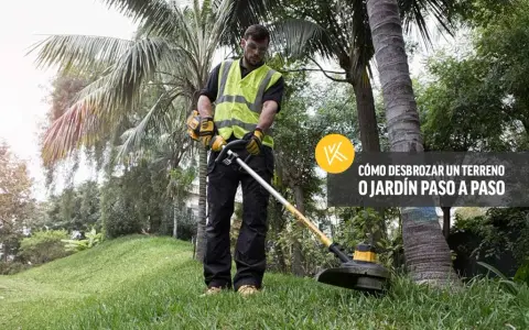 Hombre con desbrozadora, listo para desbrozar a mano un terreno cubierto de hierba y palmeras.