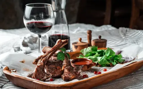 Saftige Lammkoteletts mit frischem Salat und einem Glas Rotwein. Die perfekte Wahl, welcher Wein zu Lamm passt, ist oft ein kräftiger Rotwein.