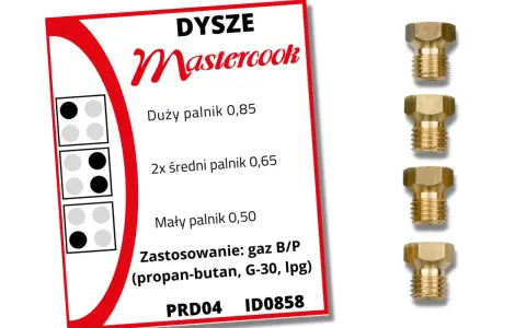 Dysze Mastercook do kuchenki gazowej na czysty propan-butan. Zestaw zawiera dysze do dużego, średnich i małego palnika.