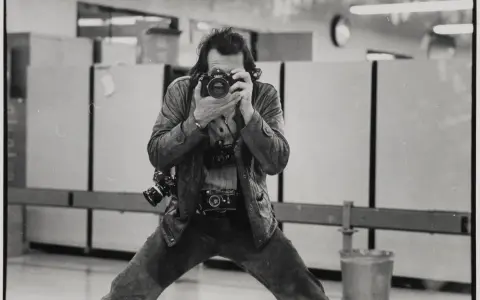 Un uomo con più macchine fotografiche al collo, intento a scattare un autoscatto. Un'immagine che cattura l'essenza di un fotografo, forse lo stesso René Burri.