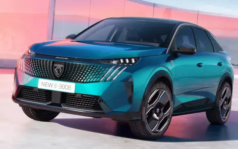 Nowy Peugeot E-3008 w turkusowym kolorze, z nowoczesnym grillem i światłami LED. Sprawdź jego atrakcyjną peugeot 3008 cena.
