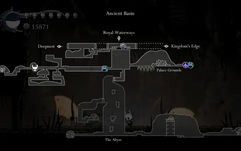 Mapa de Ancient Basin en Hollow Knight, mostrando el camino a Deepnest, Royal Waterways y Kingdom's Edge. Se ven fragmentos de vasija.