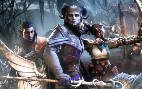 Trzej bohaterowie, w tym elf, demon i łuczniczka, przygotowują się do walki w mrocznym lesie. Zapowiada się epicka przygoda w Dragon Age 4.