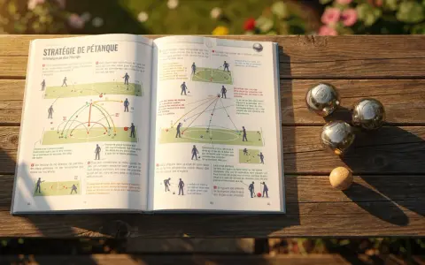 La pétanque pour les nuls : un livre ouvert sur une table en bois, entouré de boules de pétanque.