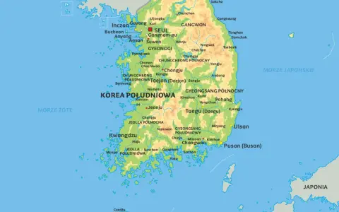 Mapa Korei Południowej z zaznaczonymi miastami jak Seul, Pusan i wyspa Czedżu.