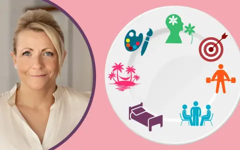 En kvinna ler bredvid en tallrik med symboler för välbefinnande: konst, avkoppling, sömn, socialt umgänge, träning, mål och mental hälsa, som en visuell representation av merkaba meditation.