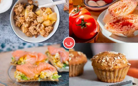 Muffins de avena, tostadas con salmón y huevos, y crumble de manzana son deliciosos desayunos saludables.