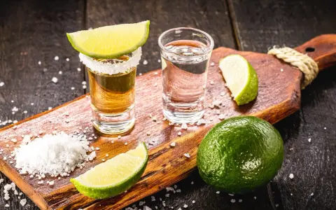 Zwei Gläser Tequila, Salz und Limettenspalten auf einem Holzbrett. Perfekt zum Tequila trinken.
