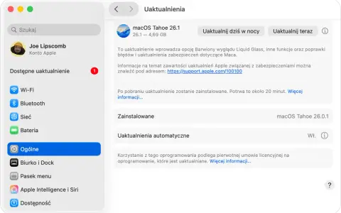 Uaktualnienie macOS Tahoe 26.1 dla początkujących. Zobacz, jak łatwo zainstalować najnowsze funkcje i poprawki bezpieczeństwa na swoim Macu.