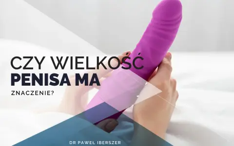 Dłoń trzyma fioletowy, duży penis. Pytanie "Czy wielkość penisa ma znaczenie?" sugeruje dyskusję o rozmiarze.
