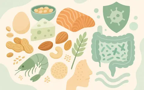 Illustration d'allergènes alimentaires courants (oeuf, fromage, poisson, noix, crevettes) et d'un visage avec des symptômes d'allergie. L'image suggère les allergie noisette symptômes.