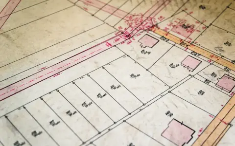 Stary plan działek z zaznaczonymi budynkami i wymiarami. Klasoużytki egib widoczne na mapie.