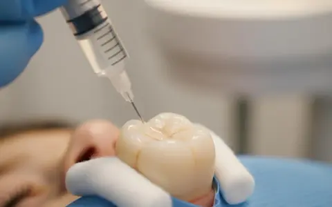 Dentysta aplikuje płyn na ząb. Czy lakowanie zębów jest szkodliwe? Nie, to profilaktyka próchnicy.