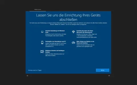 Einrichtung von Windows 11 auf einem Tablet. Schnelle Anmeldung, Smartphone-Verknüpfung, Microsoft 365 und OneDrive-Schutz werden angeboten.