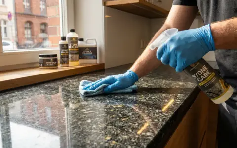 Mit blauen Handschuhen wird eine Granit Arbeitsplatte gepflegt. Ein Sprühreiniger und ein Mikrofasertuch helfen bei der Reinigung.