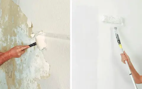 Vänster bild: En hand använder en bredspackla för att ta bort gammal tapet. Höger bild: En person målar en vägg vit med en roller.