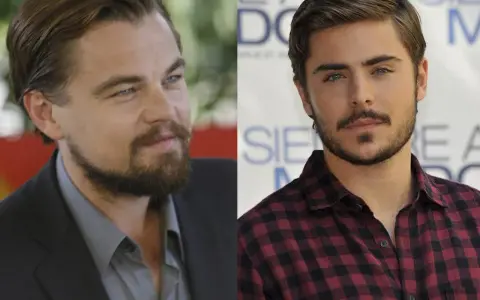 Leonardo DiCaprio y Zac Efron, ambos con estilosas barbas cuadradas, posan para la cámara.