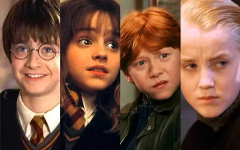 Harry, Hermione, Ron y Draco jóvenes. La saga Harry Potter es apta para todas las edades, pero la harry potter edad recomendada varía según la película.