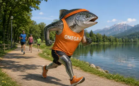 Un salmone con la scritta "Omega-3" corre su un sentiero, superando altri runner. Un esempio di come gli omega 6 e 3 supportano uno stile di vita attivo.