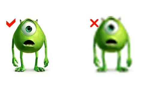 Mike Wazowski con alta resolución (check) y baja resolución (X). La diferencia muestra qué es la resolución de una imagen.