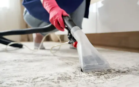 Osoba w różowych rękawiczkach używa odkurzacza piorącego, pokazując, jak wyczyścić dywan.