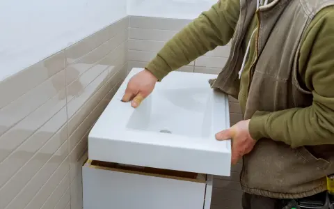 Installation d'un lavabo blanc. L'installateur vérifie la hauteur de l'arrivée d'eau du lavabo avant de le fixer.