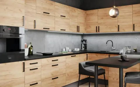 Nowoczesna kuchnia boho loft z drewnianymi frontami, szarym blatem i betonową ścianą. Idealne miejsce na poranną kawę.