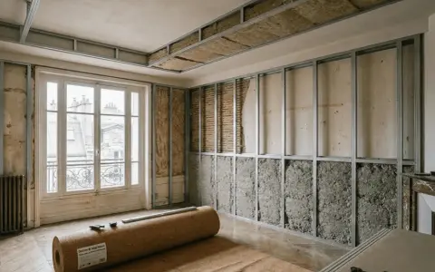 Travaux d'isolation dans un appartement : ossature métallique pour le plafond et les murs, matériaux isolants apparents.
