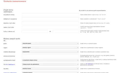 Formularz wyszukiwania zaawansowanego Google pozwala precyzyjnie określić kryteria wyszukiwania, np. wpisując frazę "trójkolorowy rat terrier".