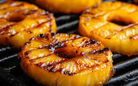 Saftige Ananasscheiben mit Grillstreifen auf einem Rost. Das Ananas grillen verzaubert mit süß-karamelliger Note.