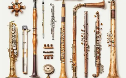 Kolekcja drewnianych instrumentów muzycznych, w tym klarnet, flet i saksofon, prezentuje różnorodne nazwy i formy.