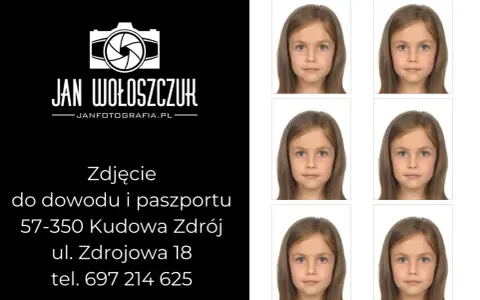 Sześć identycznych zdjęć dziewczynki do dokumentów na białym tle.