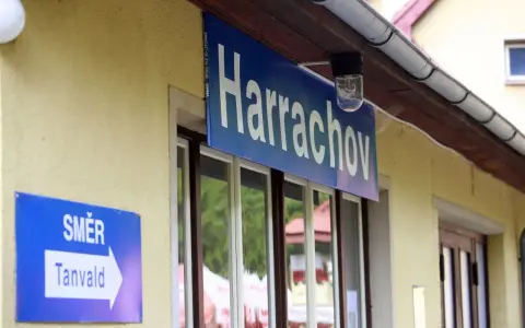 Tabliczka "Harrachov" nad oknami dworca. Obok znak kierunkowy "Směr Tanvald". Pociąg Szklarska Poręba Harrachov czeka na pasażerów.