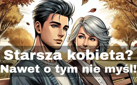 Młody mężczyzna i starsza kobieta siedzą na ławce w parku. Tekst głosi: "Starsza kobieta? Nawet o tym nie myśl!". Jak Kain został ukarany za swoje czyny.