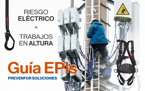 Guía EPIs: Arneses para trabajos en altura y riesgo eléctrico. Un trabajador usa un arnés para subir a una torre de telecomunicaciones.