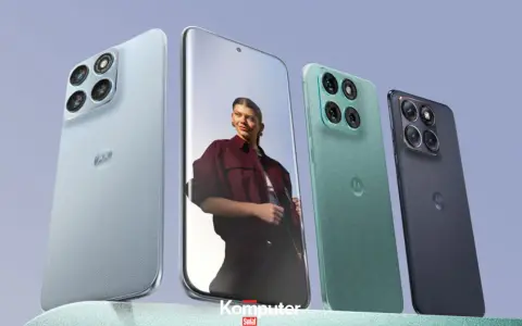 Cztery smartfony Motorola w różnych kolorach, z charakterystycznym logo producenta. Jeden z telefonów wyświetla portret kobiety.