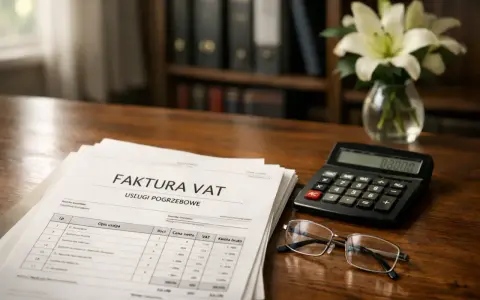Faktura VAT za usługi pogrzebowe leży na biurku obok kalkulatora i okularów. Czy koszty pogrzebu wchodzą do spadku?