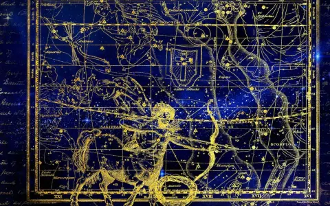 Mapa estelar dorado sobre fondo azul. Representa constelaciones y la eclíptica, clave para entender qué es el ascendente en la carta astral.