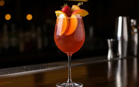 Ett glas med röd cava sangria, garnerat med apelsinskivor, jordgubbe och persika.