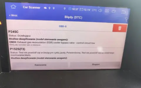 Ekran skanera OBD-II z błędami DTC: P245C (zawór obejściowy chłodnicy EGR - niski obwód sterowania) i P1525(F3) (test nie powiódł się) w Renault.